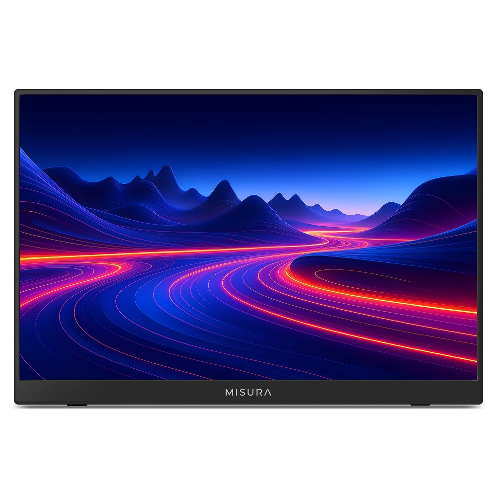 Monitor komputera wyświetla cyfrowy krajobraz niebieskich gór i świecących czerwonych ścieżek. Marka MISURA znajduje się na dole.