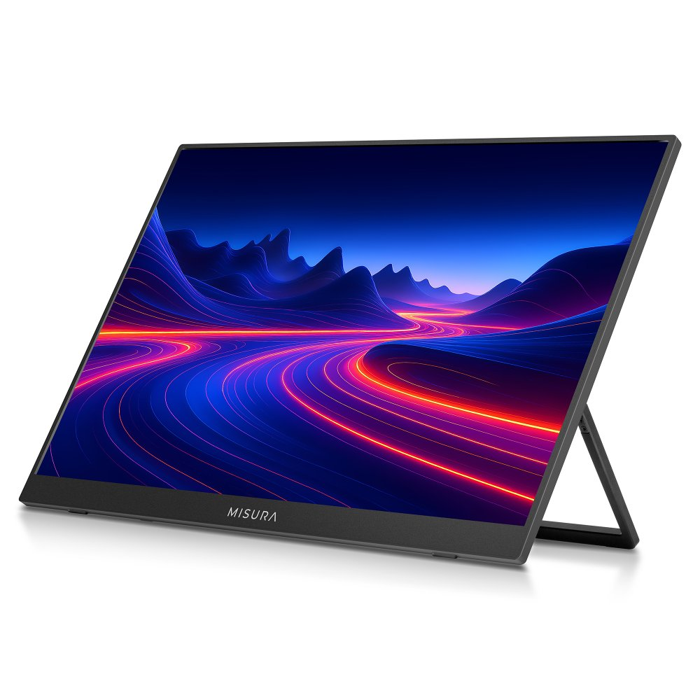 Przechylony przenośny monitor wyświetla cyfrowy krajobraz z płynącymi liniami. Ekran spoczywa na stojaku, białe tło.