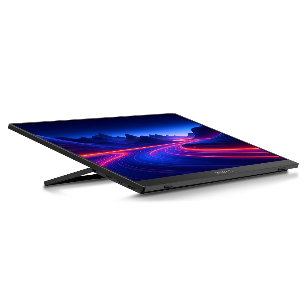 Czarny monitor jest ustawiony pod kątem, pokazując niebieski i czerwony abstrakcyjny wzór. Jest podparty czarnym stojakiem na białym tle.