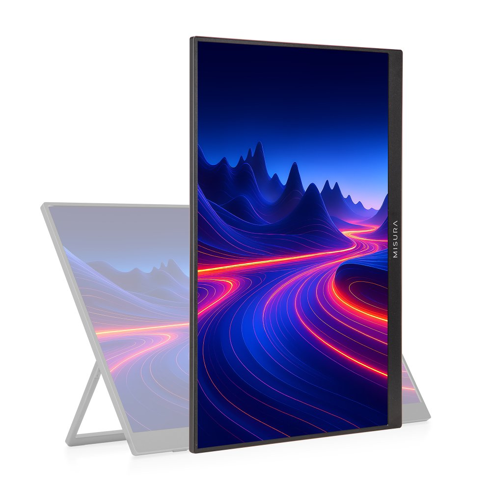 Pionowy monitor komputera wyświetla cyfrowy krajobraz z górami i drogą. Drugi monitor jest w tle.