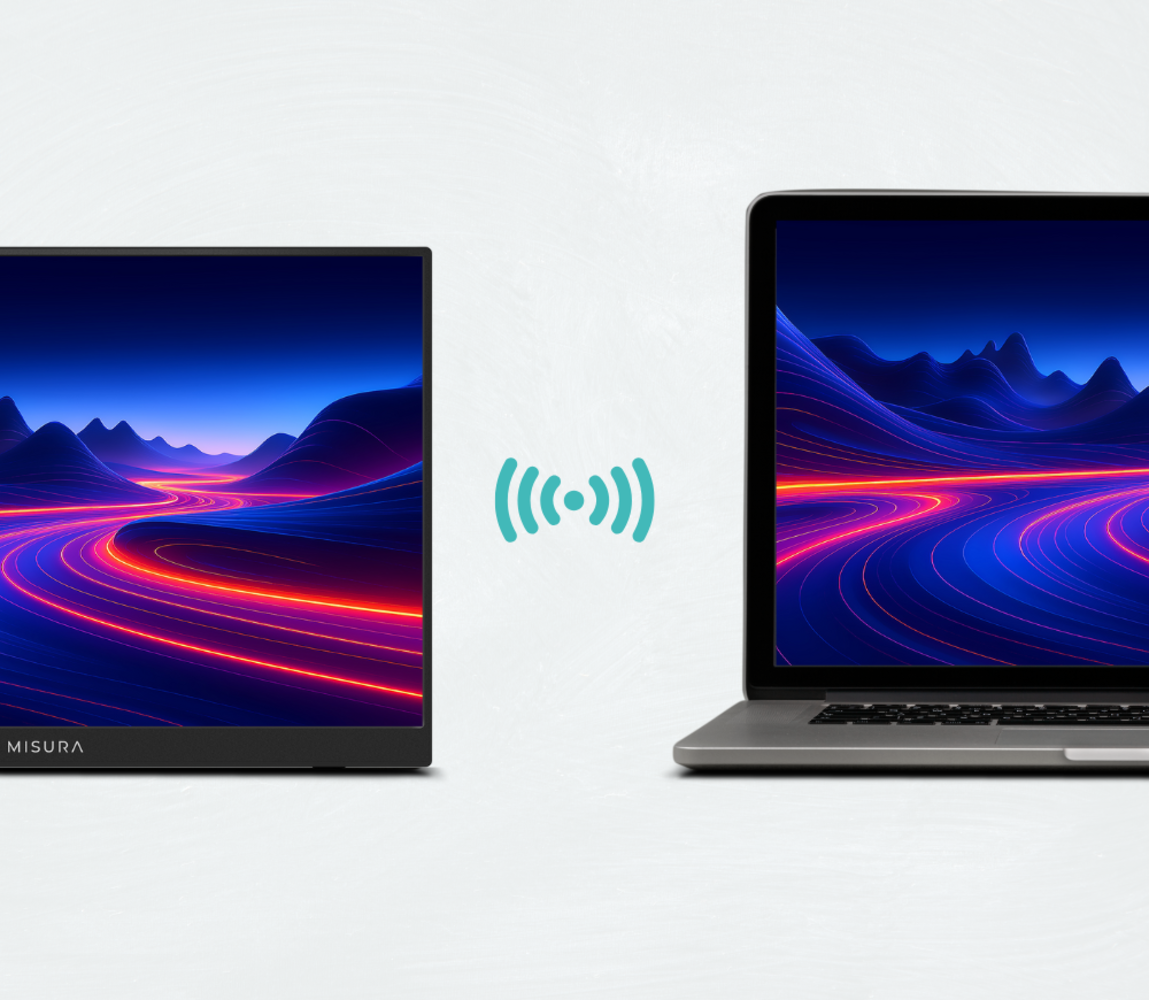 Laptop i ekran pokazują ten sam krajobraz. Symbol bezprzewodowy unosi się między nimi. Tło jest białe.