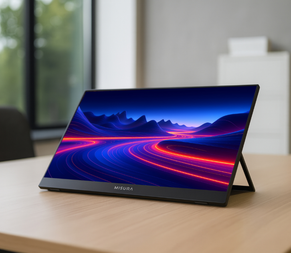 Czarny monitor wyświetla abstrakcyjny krajobraz gór i świecących linii. Stoi na drewnianym stole.