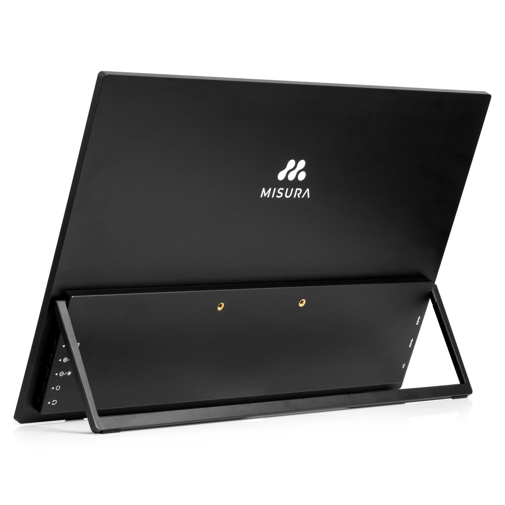 Czarny monitor MISURA jest podparty. Tył pokazuje logo i stojak. Jest na białym tle. Z boku znajdują się przyciski.