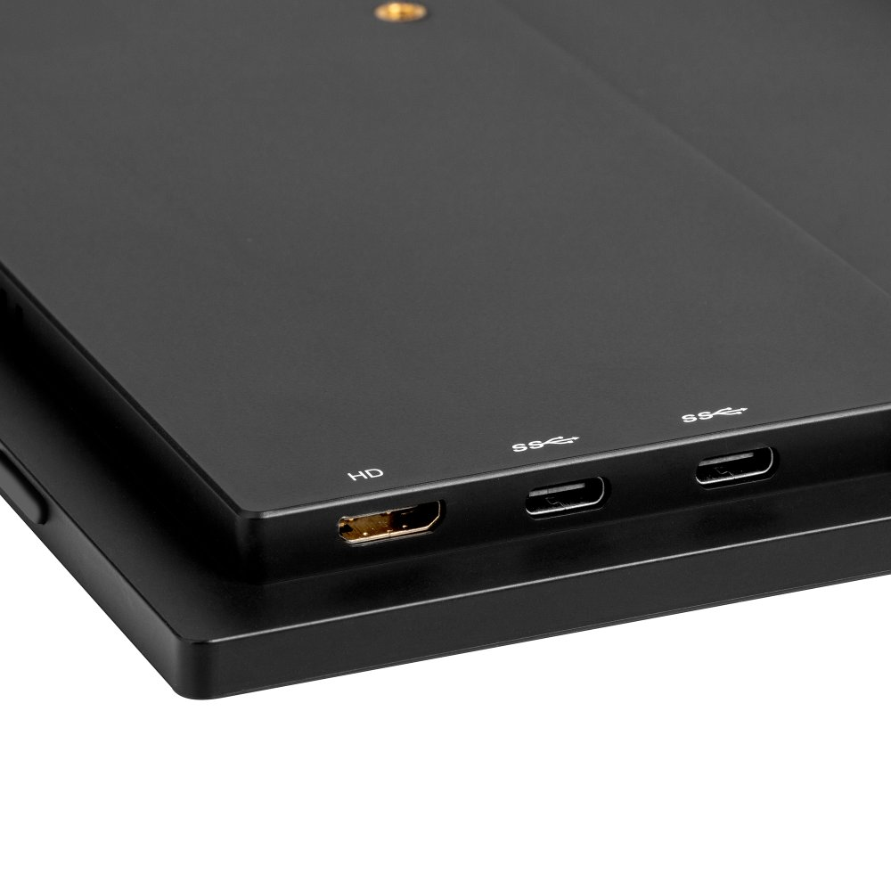 Zbliżenie czarnego urządzenia z portami HD i SS. Urządzenie znajduje się na białej powierzchni. Porty są oznaczone i widoczne.