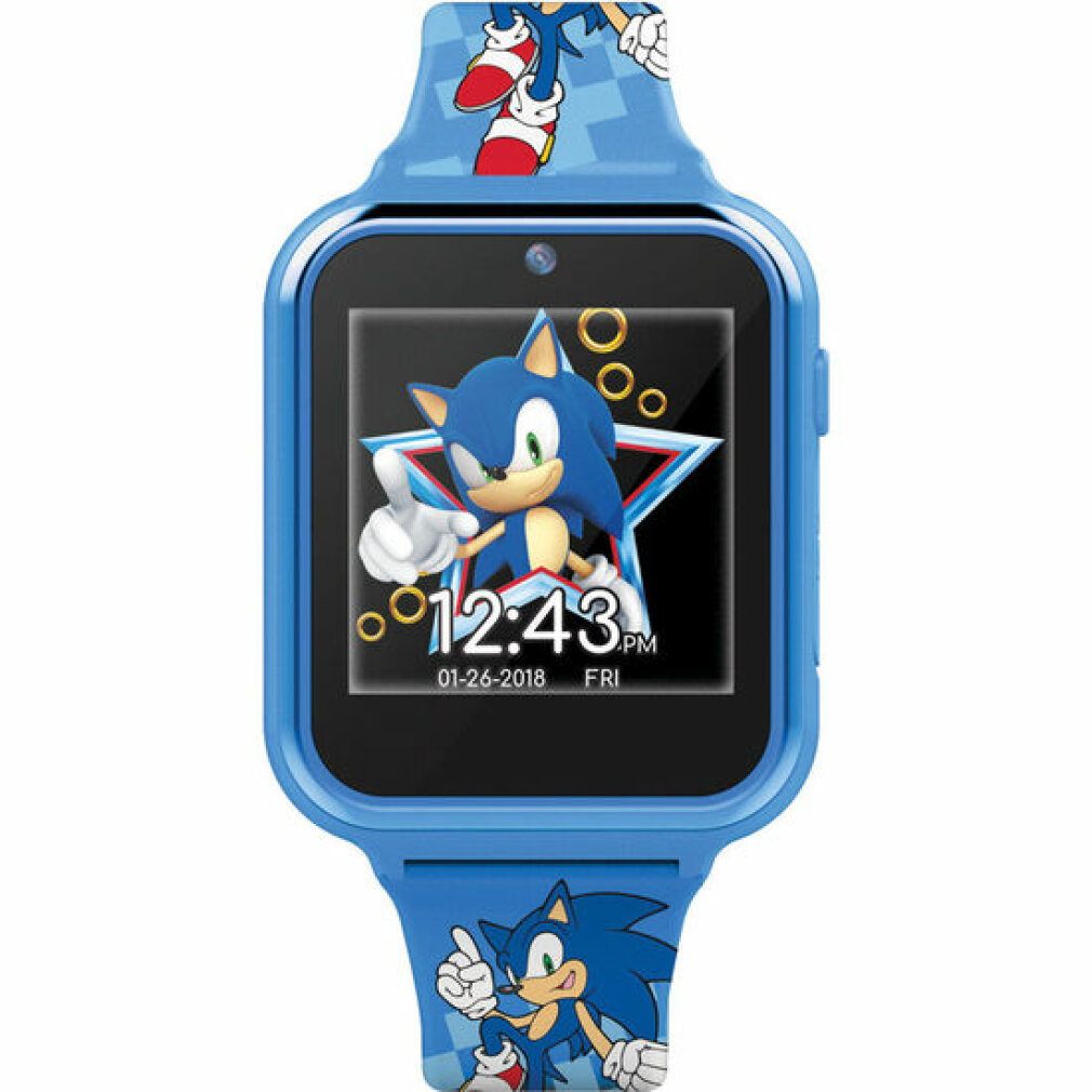 Een blauwe Sonic smartwatch. Het scherm toont Sonic in een ster. De horlogeband heeft Sonic-afbeeldingen. Het toont de tijd en datum.