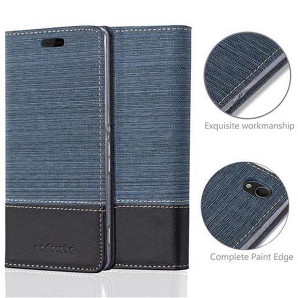 Se muestra una funda para teléfono azul y negra. Los detalles incluyen costuras, un cierre magnético y primeros planos que resaltan la mano de obra.
