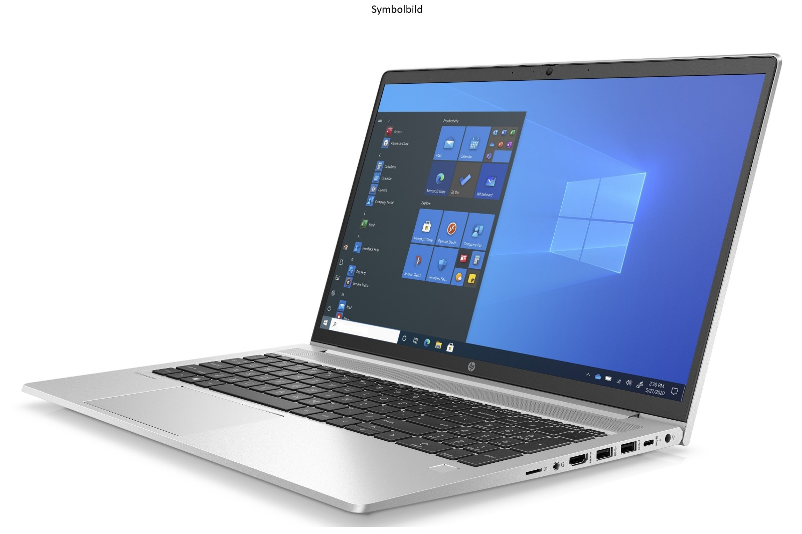 Silberner Laptop mit schwarzer Tastatur, Windows-Bildschirm und HP-Logo. Der Bildschirm zeigt App-Symbole. Der Laptop ist geöffnet.