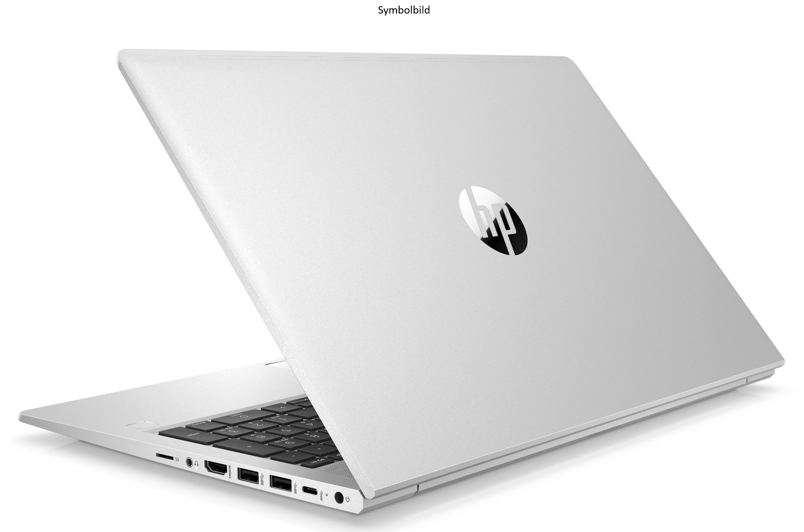 Ein silberner HP-Laptop, schräg geöffnet. Der Deckel zeigt das HP-Logo. Die Tastatur ist sichtbar. Der Hintergrund ist weiß.