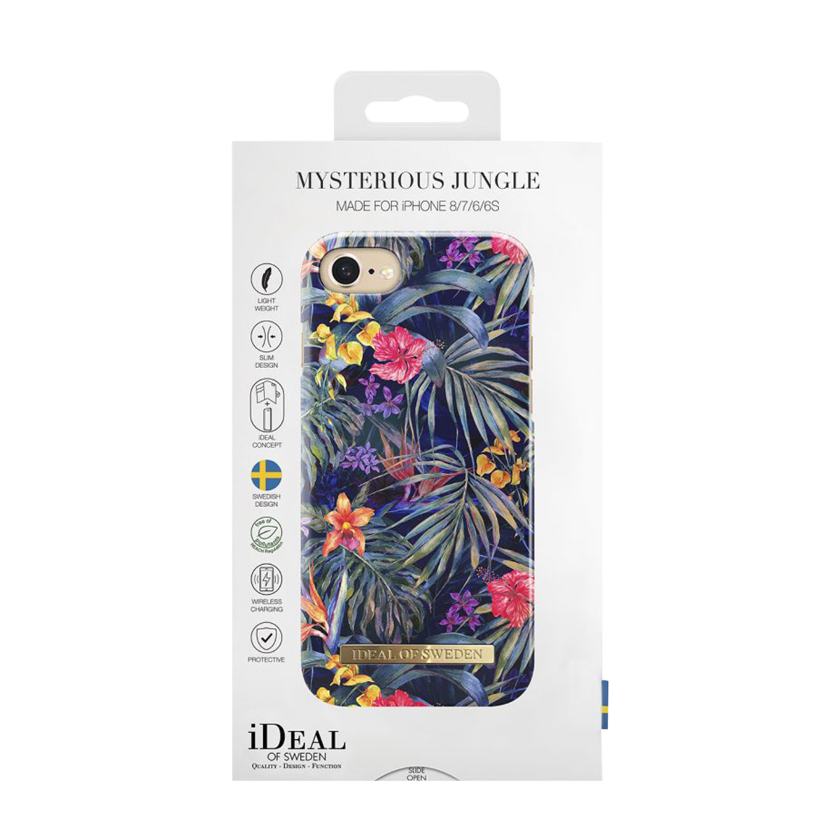 Una custodia per telefono con un design floreale in una scatola. Presenta fiori e foglie su sfondo scuro. Il marchio è visibile.