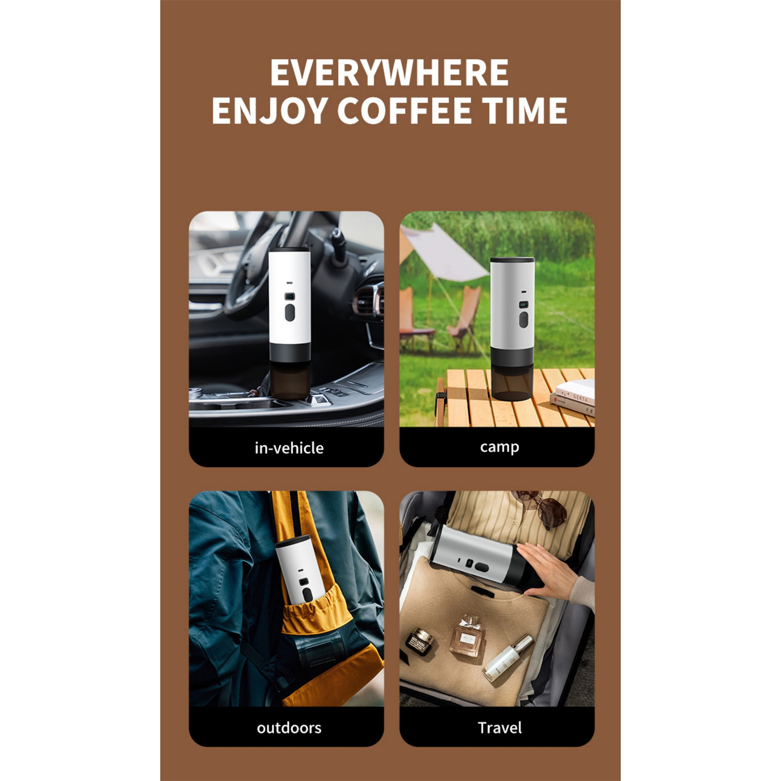 Das Bild zeigt eine Kaffeemaschine in verschiedenen Umgebungen: im Fahrzeug, im Camp, im Freien und auf Reisen. Jede Einstellung zeigt ihre Portabilität.