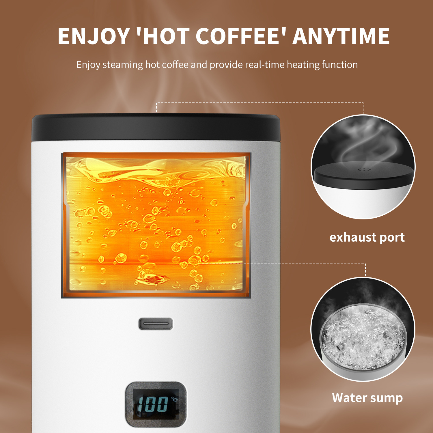 Eine Kaffeemaschine mit digitaler Anzeige von 100°C. Sie hat einen Abluftanschluss und einen Wasserbehälter, was auf Echtzeit-Heizung hindeutet.
