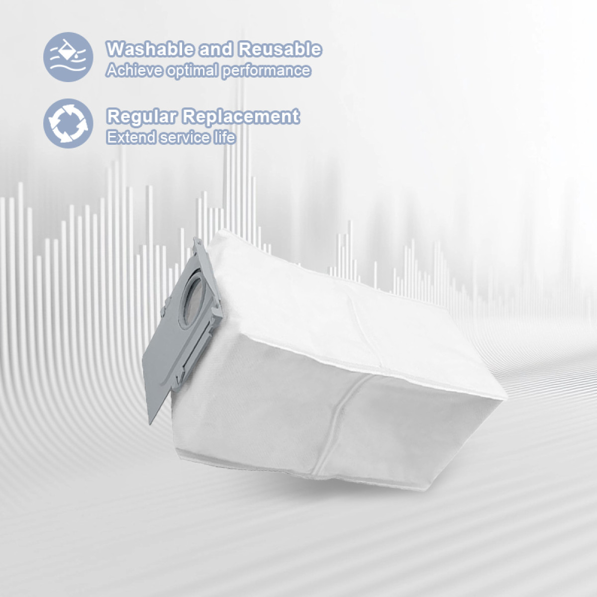 Biały worek do odkurzacza z szarym elementem. Tekst podkreśla możliwość prania i regularną wymianę.