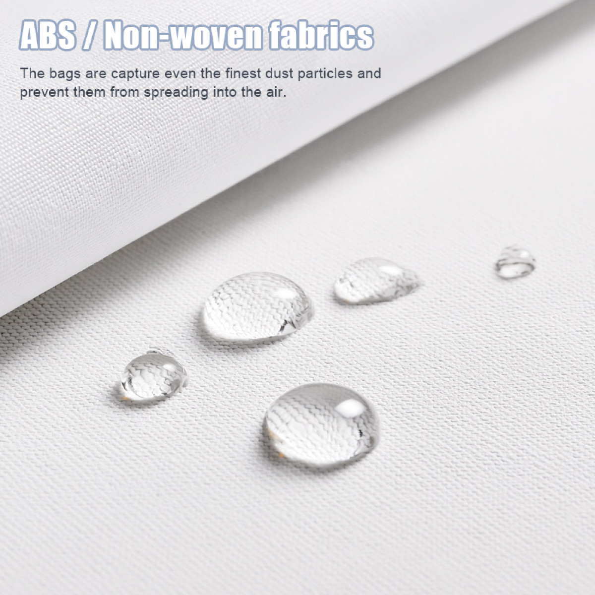 Zbliżenie białej tkaniny z kroplami wody. Tekst u góry mówi 'ABS/włókniny'. Krople są ostre.