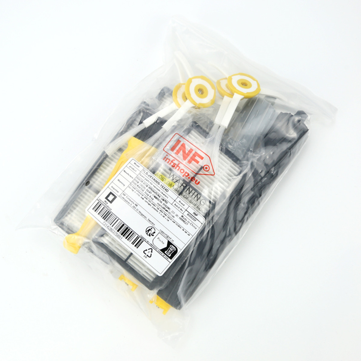 Przezroczysta plastikowa torba zawiera filtry powietrza i części z żółtymi uchwytami. Torba ma etykietę ostrzegawczą i kod kreskowy.