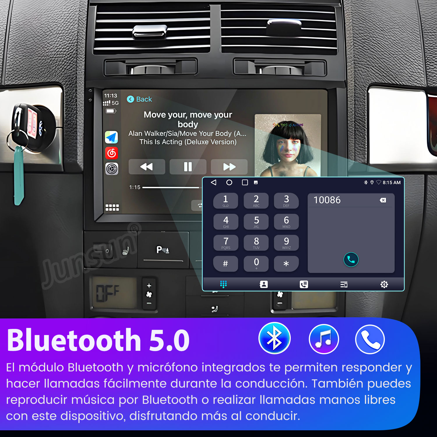 Pantalla del estéreo del coche mostrando música y marcador telefónico. Logotipo de Bluetooth 5.0 abajo. Llave del coche a la izquierda.
