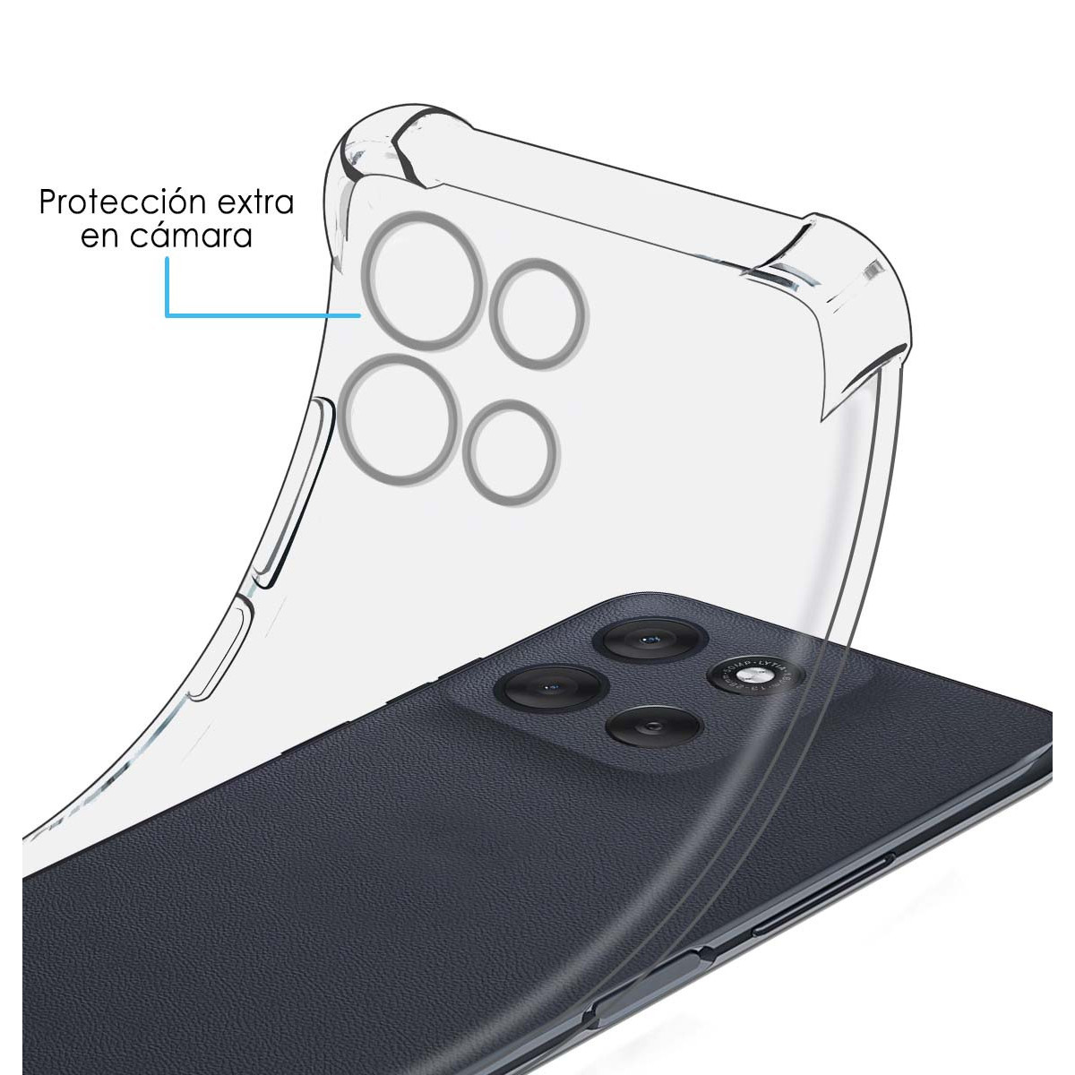 Una custodia trasparente è posizionata su uno smartphone blu scuro. La custodia evidenzia le lenti della fotocamera. Il testo dice 'Protezione fotocamera extra'.