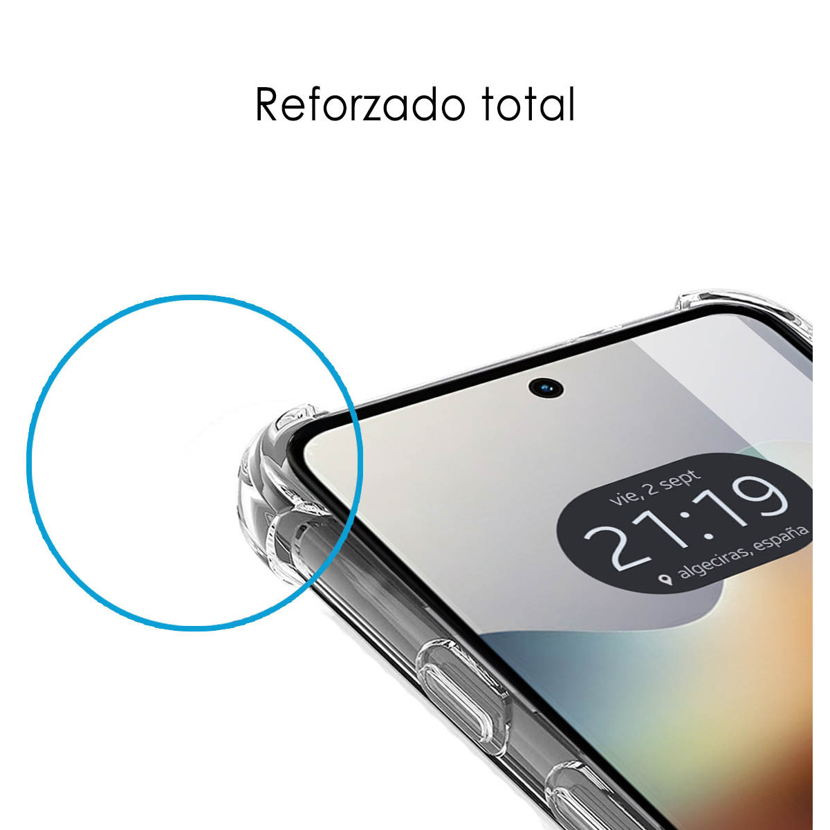 Primer plano de un teléfono con una funda protectora transparente. La pantalla muestra la hora, la fecha y la ubicación. Hay un círculo azul.