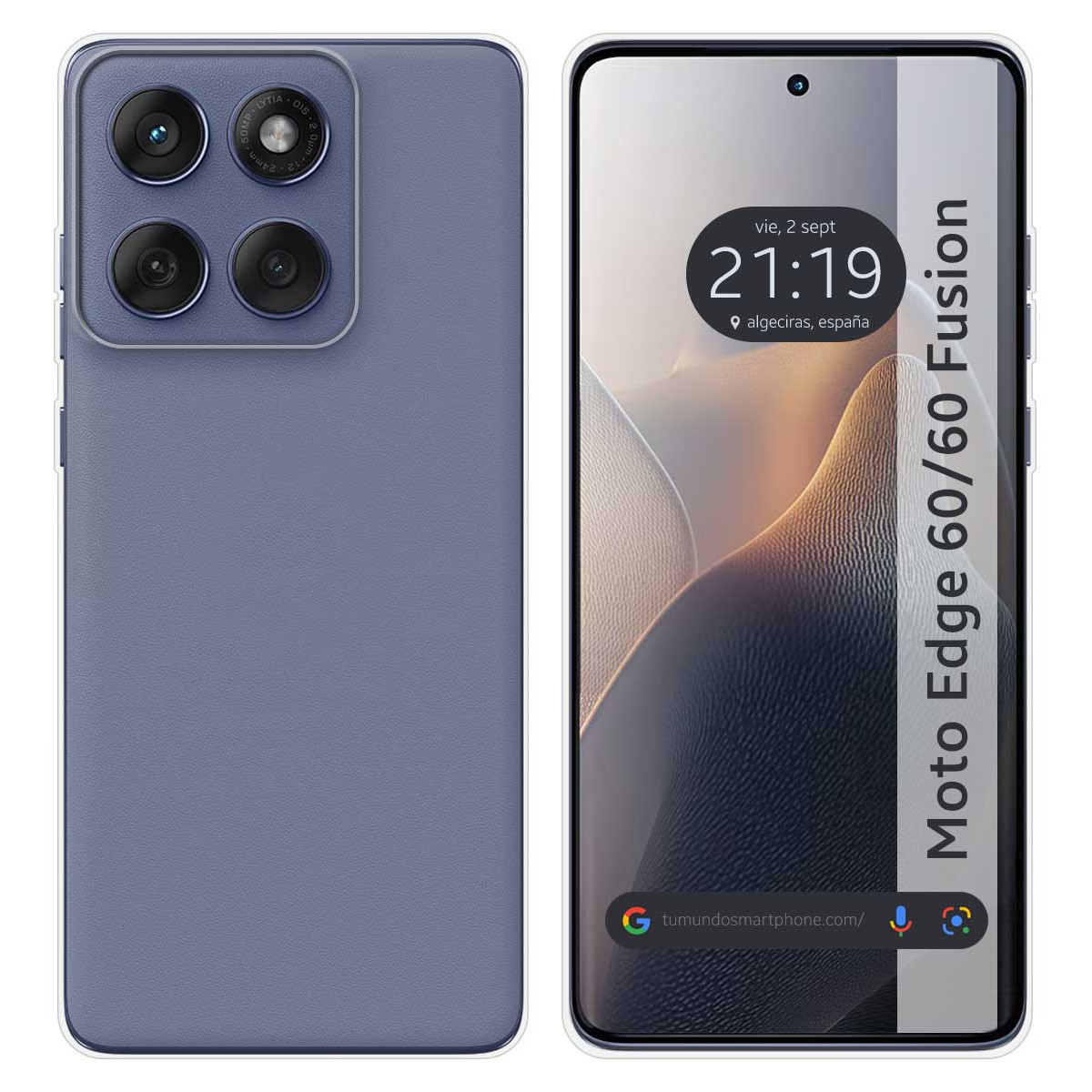 Viene mostrato uno smartphone, Moto Edge 60/60 Fusion. Il retro è blu, con obiettivi della fotocamera. Lo schermo mostra l'ora e il sito web.