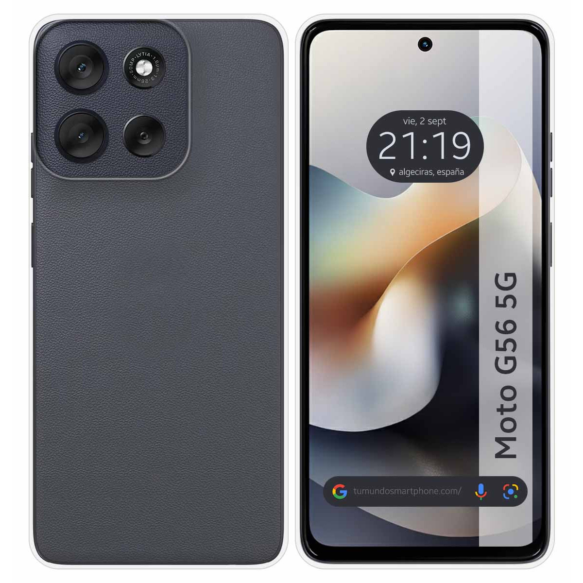 Uno smartphone con schermo che mostra ora e luogo. Il retro ha un modulo fotocamera e una superficie grigio scuro.