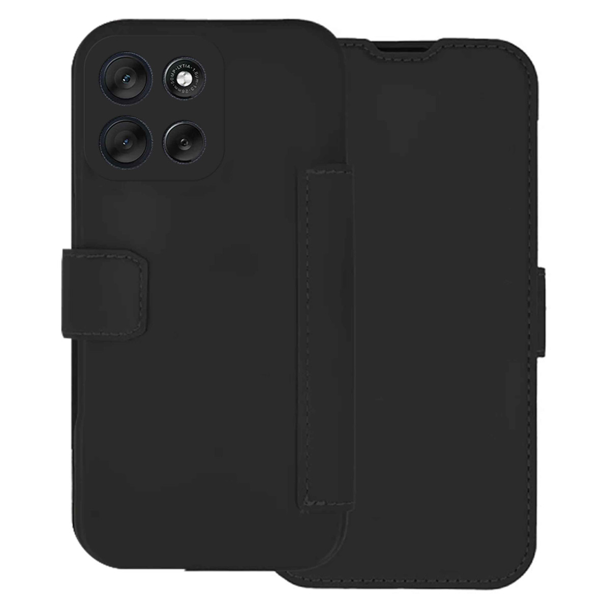 Custodia nera per telefono con design a portafoglio. Ha un ritaglio per la fotocamera e una chiusura magnetica. La custodia è aperta.
