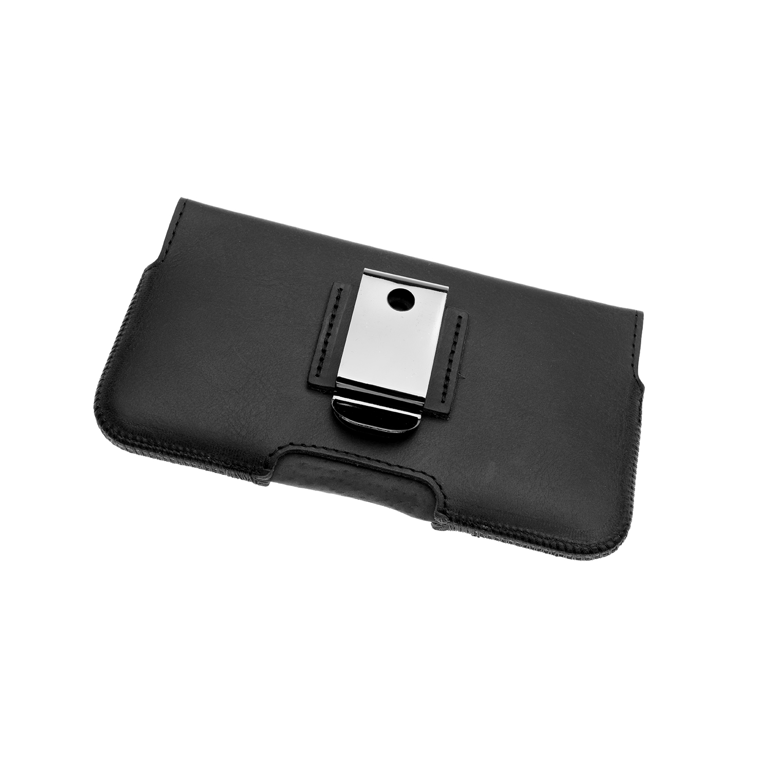 Eine schwarze Leder-Handyhülle mit einem silbernen Metallclip auf weißem Hintergrund. Die Hülle hat einen genähten Rand.