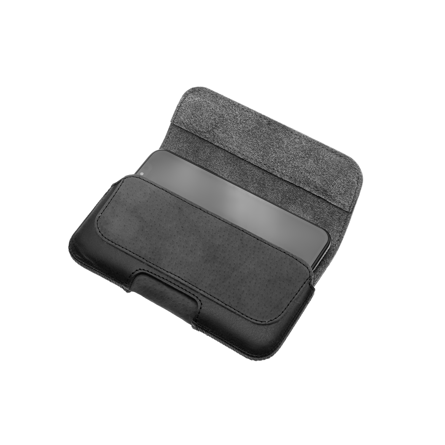 Schwarze Leder-Handyhülle mit grauem Filzinnenraum, geöffnet, um ein Smartphone zu zeigen. Die Hülle befindet sich auf weißem Hintergrund.