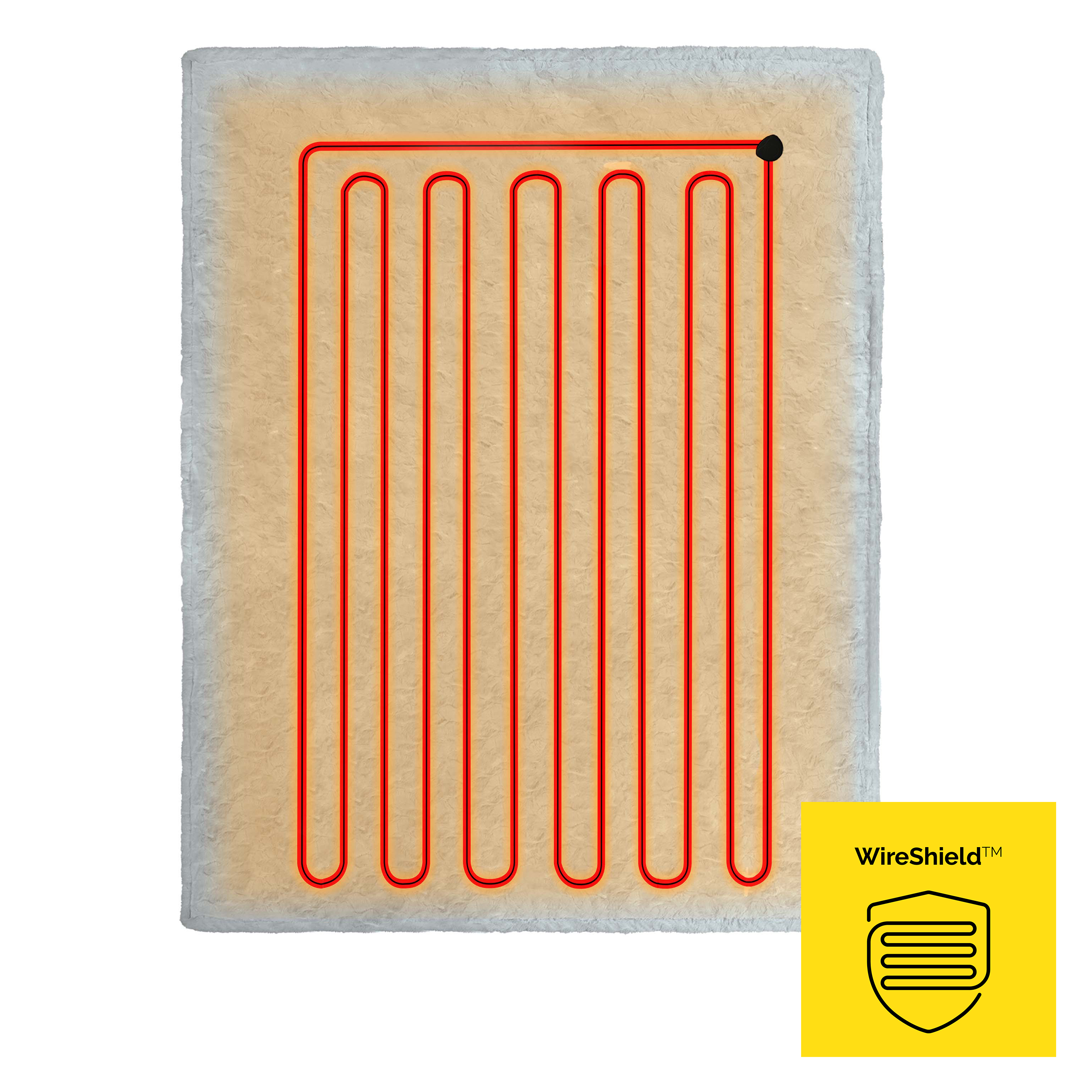 Ogrzewany koc z czerwonym wzorem przewodu grzejnego, kremowy kolor, biała obwódka i logo WireShield na żółtym tle.