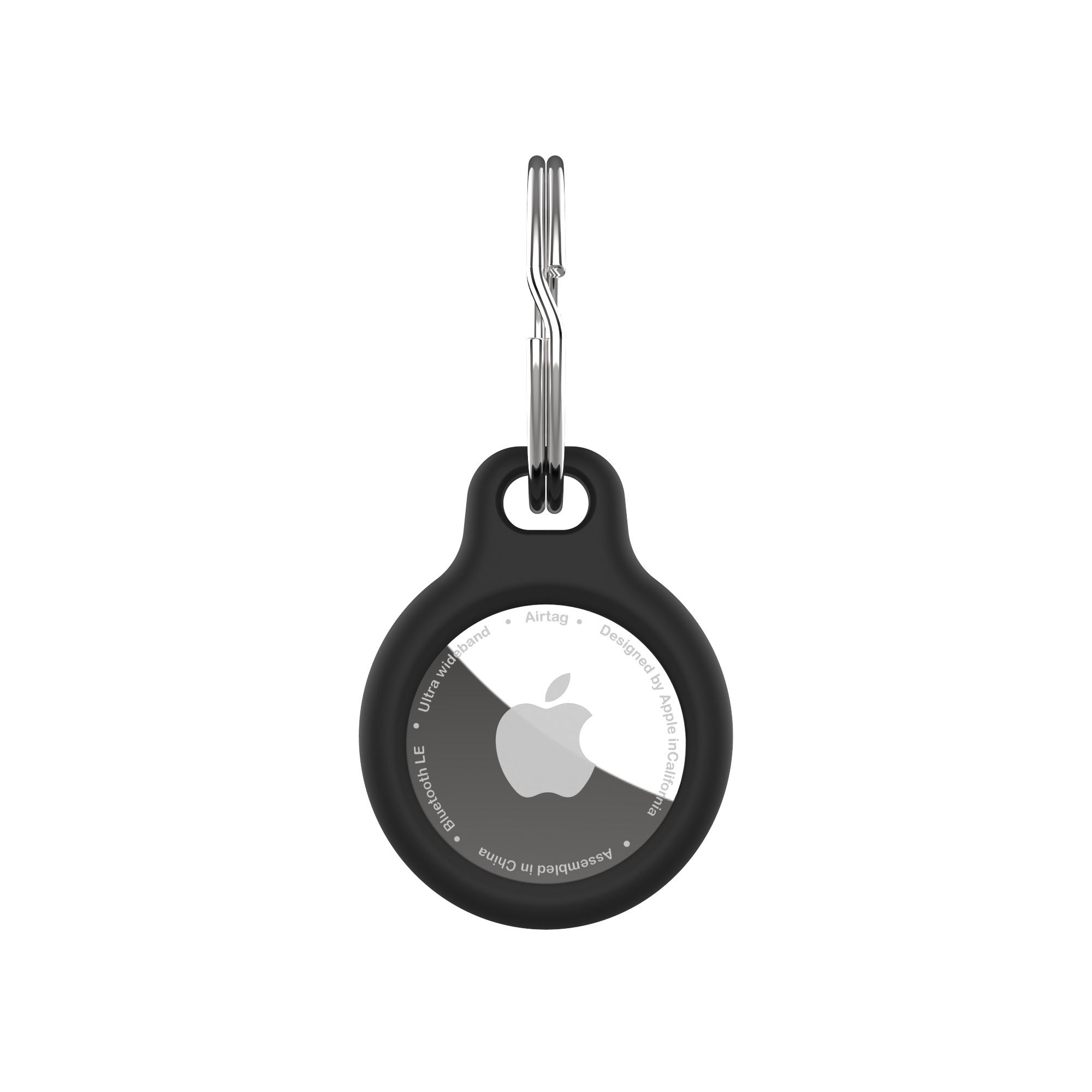 Schwarzes Apple AirTag mit silbernem Schlüsselring. Mit Apple-Logo auf weißer Oberfläche, Text am Rand.