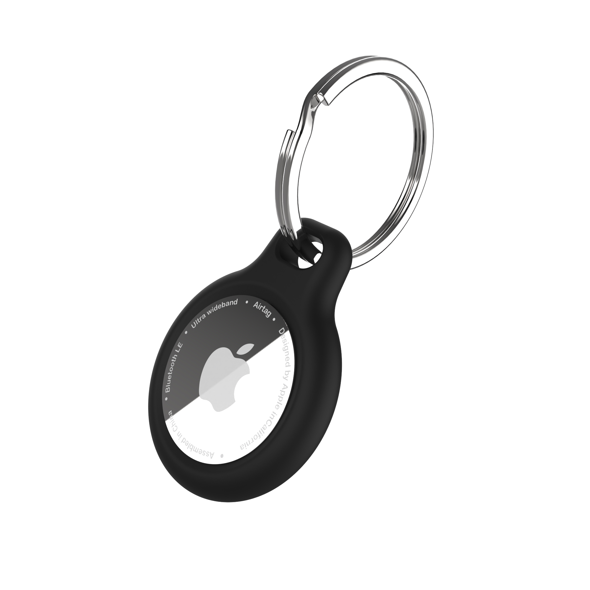 Ein schwarzes Apple AirTag mit einem silbernen Schlüsselring. Es hat das Apple-Logo und Text auf der Vorderseite.