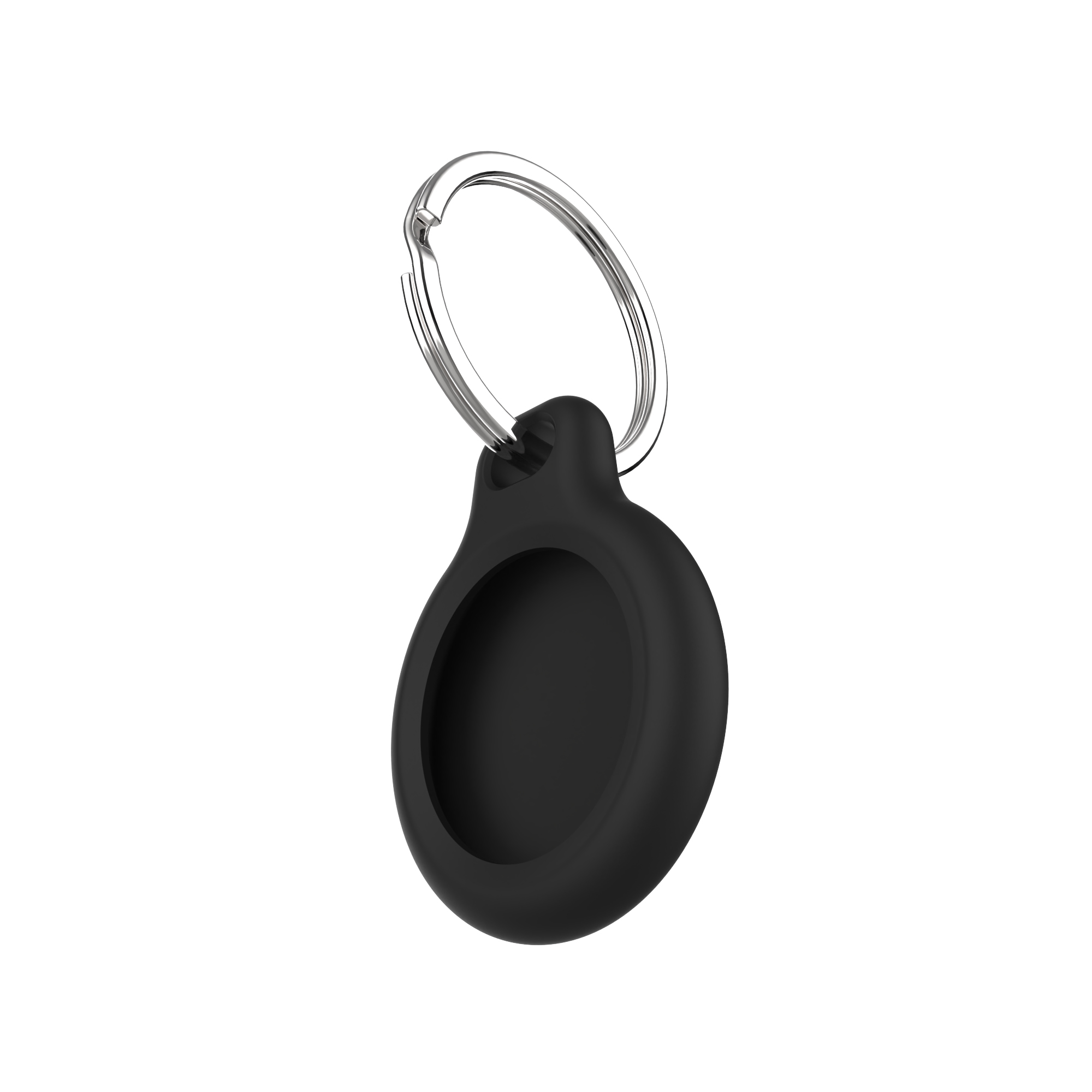 Ein schwarzer AirTag-Halter mit silbernem Schlüsselring. Der Halter ist oval geformt. Weißer Hintergrund.