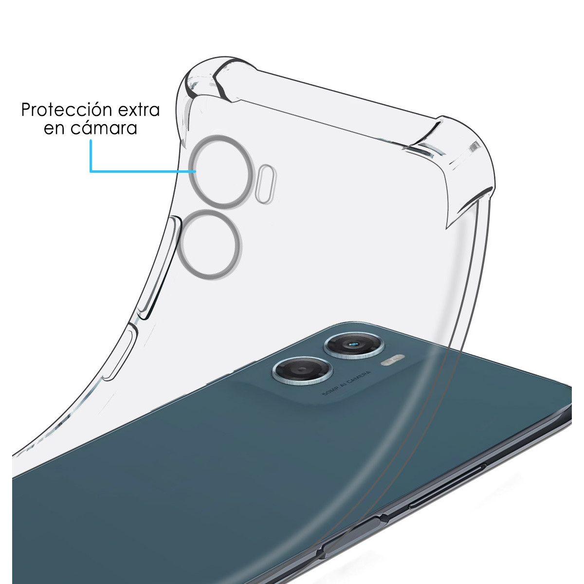 Una funda transparente para teléfono está sobre un teléfono verde azulado. La funda tiene protección de cámara y el teléfono tiene dos lentes.