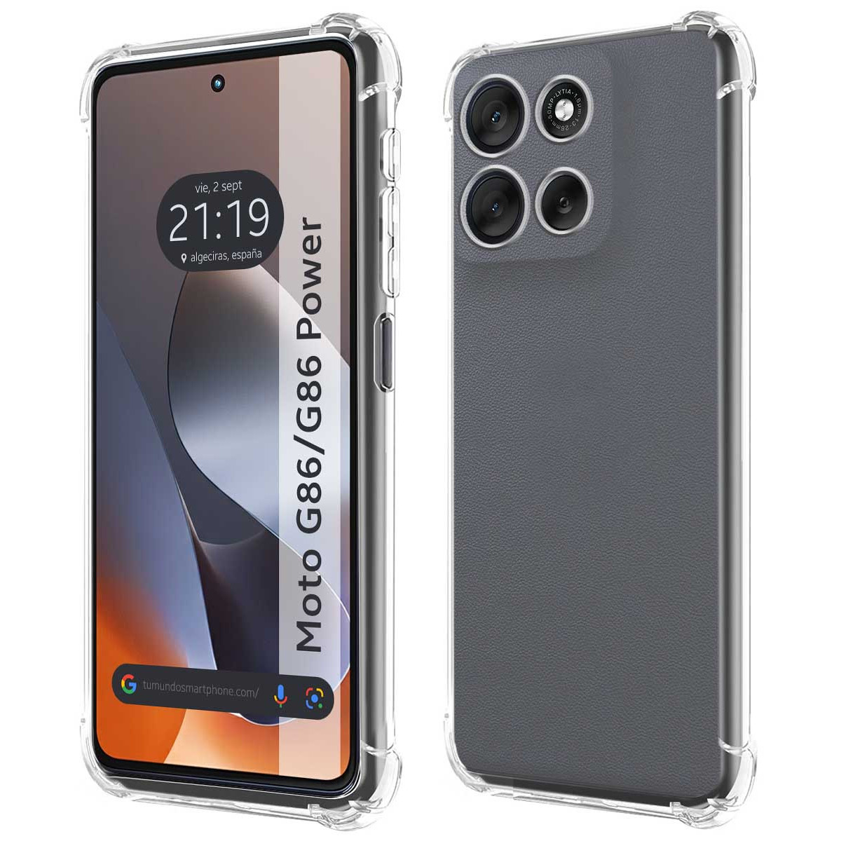 Uno smartphone in una custodia trasparente. Lo schermo mostra l'ora e il luogo. Il retro mostra gli obiettivi della fotocamera.