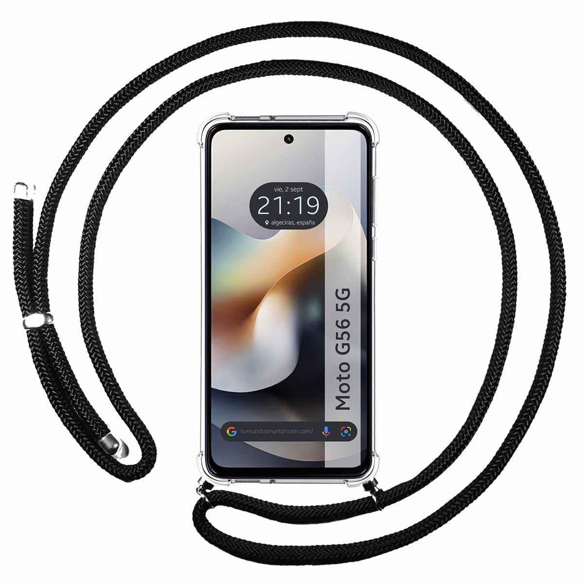 Smartphone con corda nera. Lo schermo mostra l'ora e 'Moto G56 5G'.