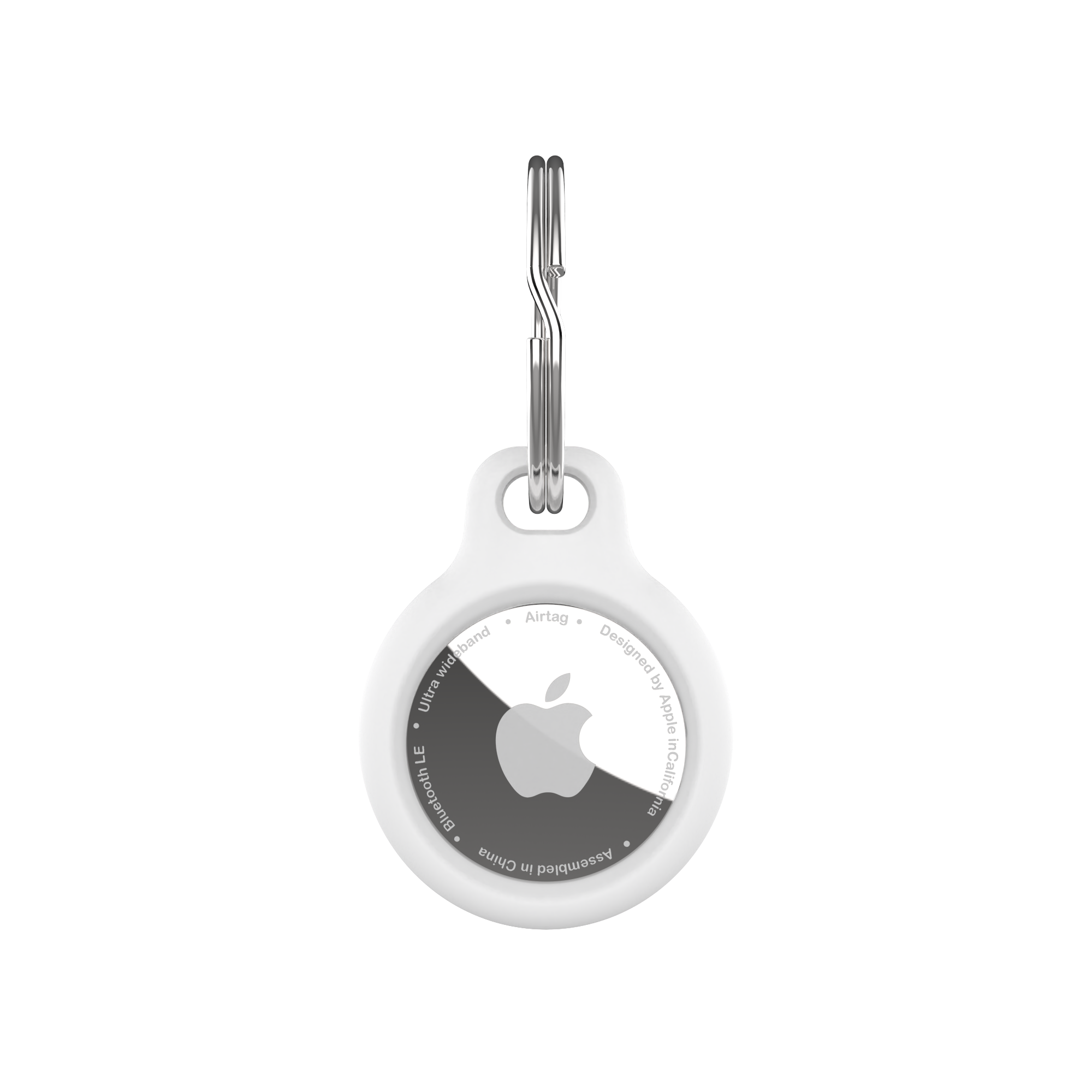 Ein weißes Apple AirTag mit einem silbernen Schlüsselring. Das AirTag hat das Apple-Logo und Text, der 'Ultra wideband' sagt.