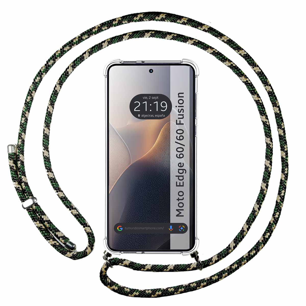 Uno smartphone in una custodia trasparente con un cordino mimetico. Lo schermo mostra l'ora e un indirizzo web.