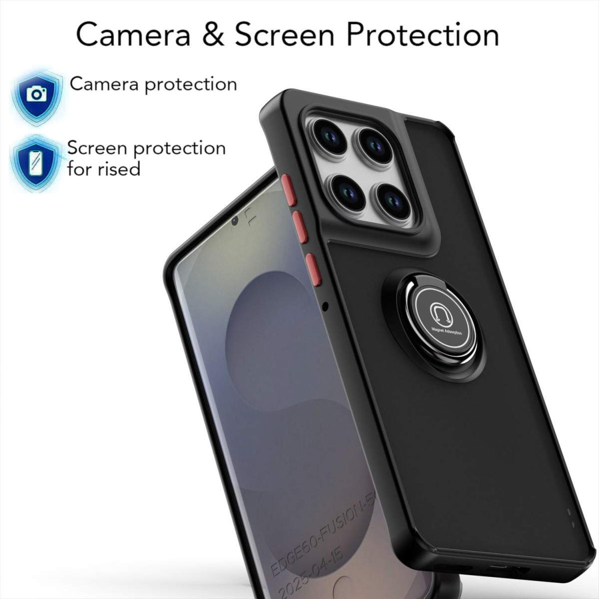Funda negra para teléfono con protección de cámara y pantalla, soporte de anillo. Texto en la funda: EDGE60-FUSION-5 2025-04-15. Iconos.