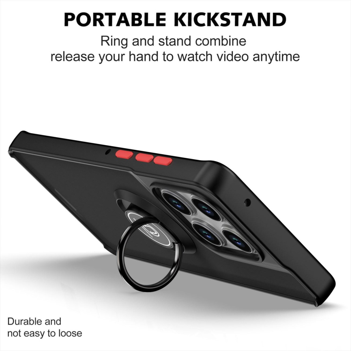 Custodia per telefono nera con supporto ad anello. Ha pulsanti rossi. Il testo recita 'PORTABLE KICKSTAND' e 'Durable and not easy to loose'.