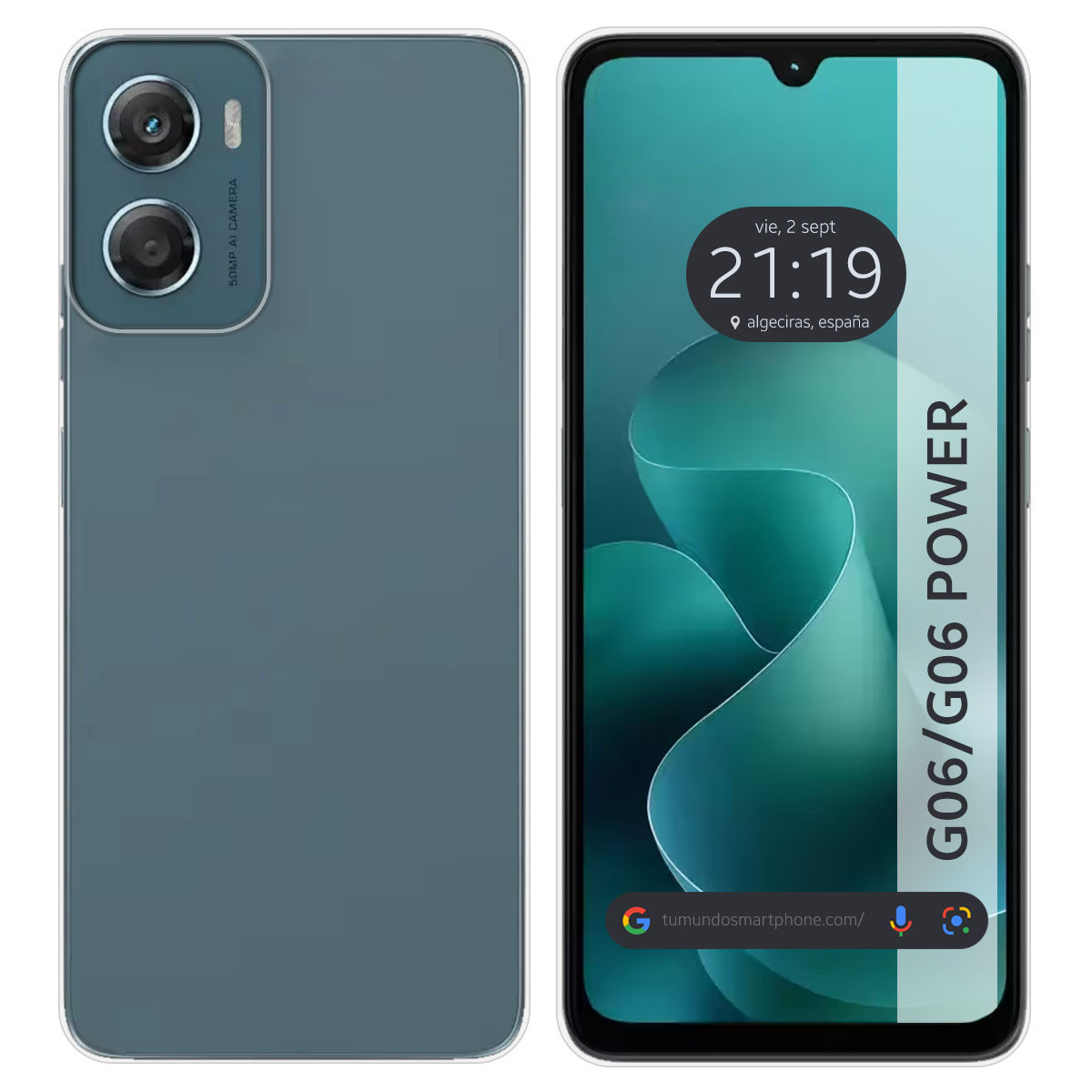 Uno smartphone turchese con doppia fotocamera sul retro e schermo che mostra ora e luogo.