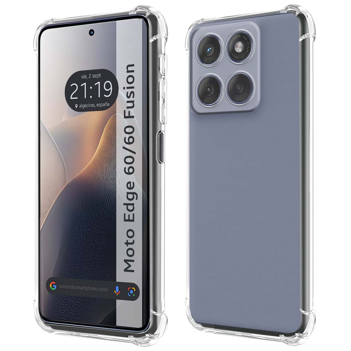Un smartphone, Moto Edge 60/60 Fusion, en una funda transparente. La pantalla muestra la hora, la fecha y una dirección web.