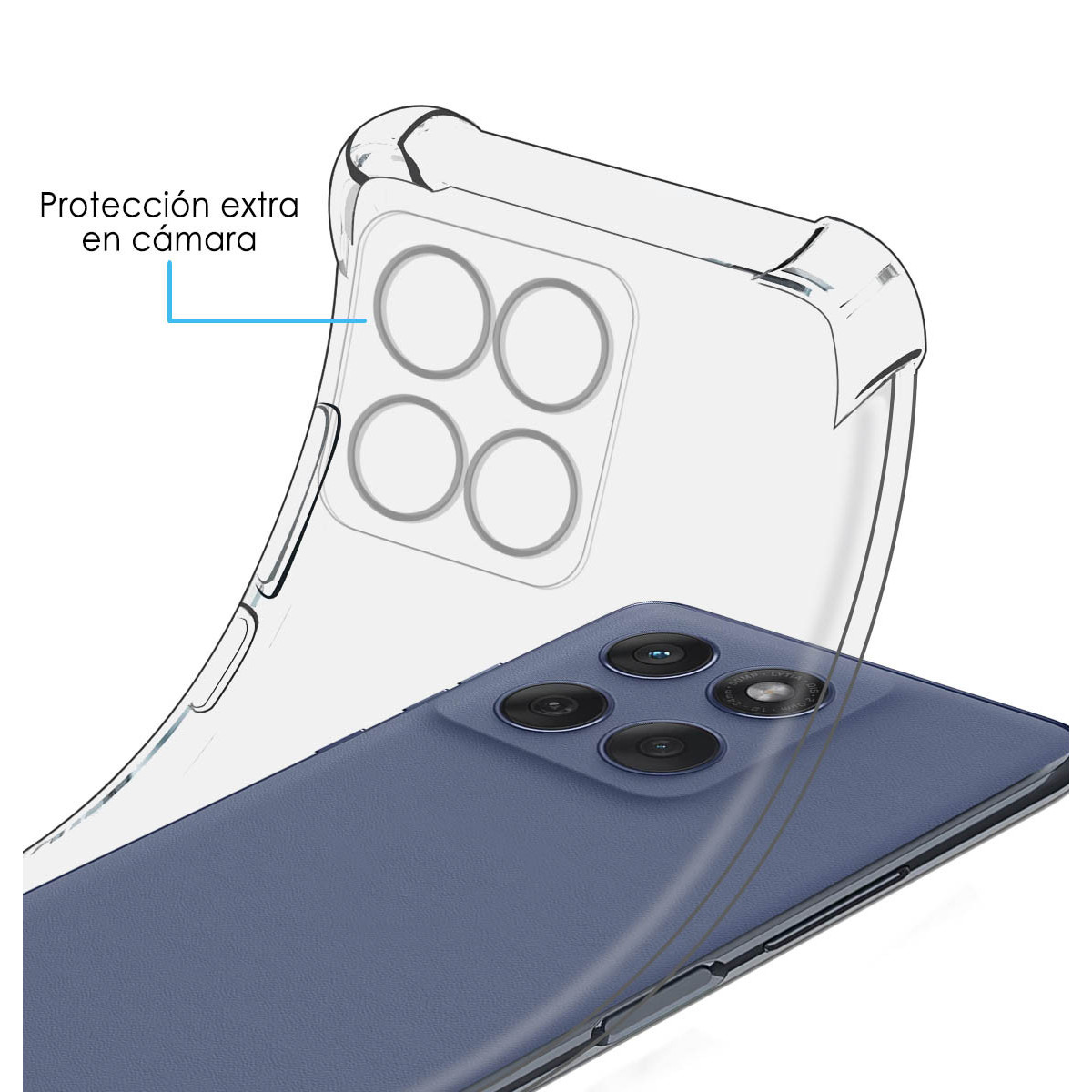 Una funda transparente protege un teléfono azul. La funda tiene texto que dice protección extra para la cámara.
