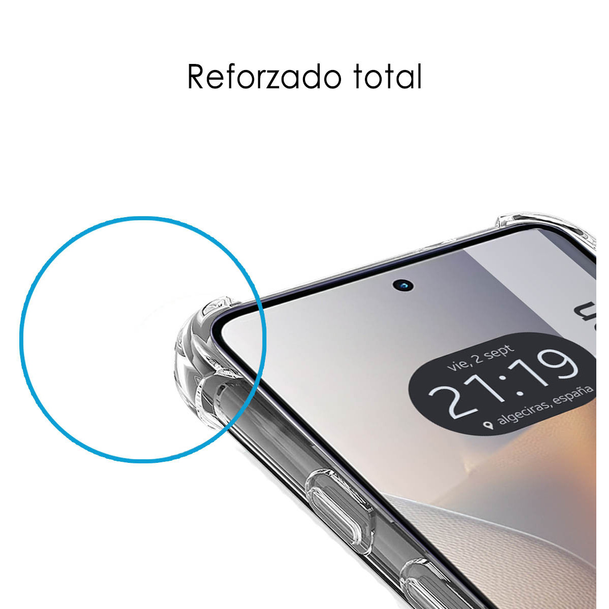 Primer plano de una pantalla de teléfono con una funda transparente. La pantalla muestra la hora y la fecha. Un círculo azul a la izquierda.