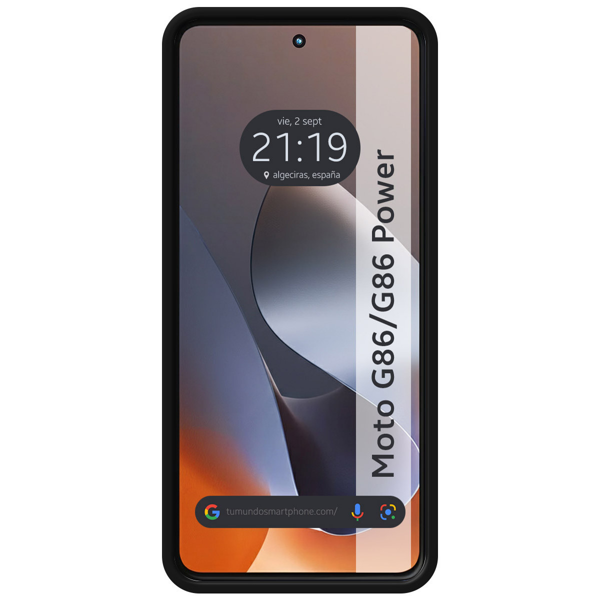 Uno smartphone con cornice nera mostra ora, data e indirizzo web. Il testo recita 'Moto G86/G86 Power'.