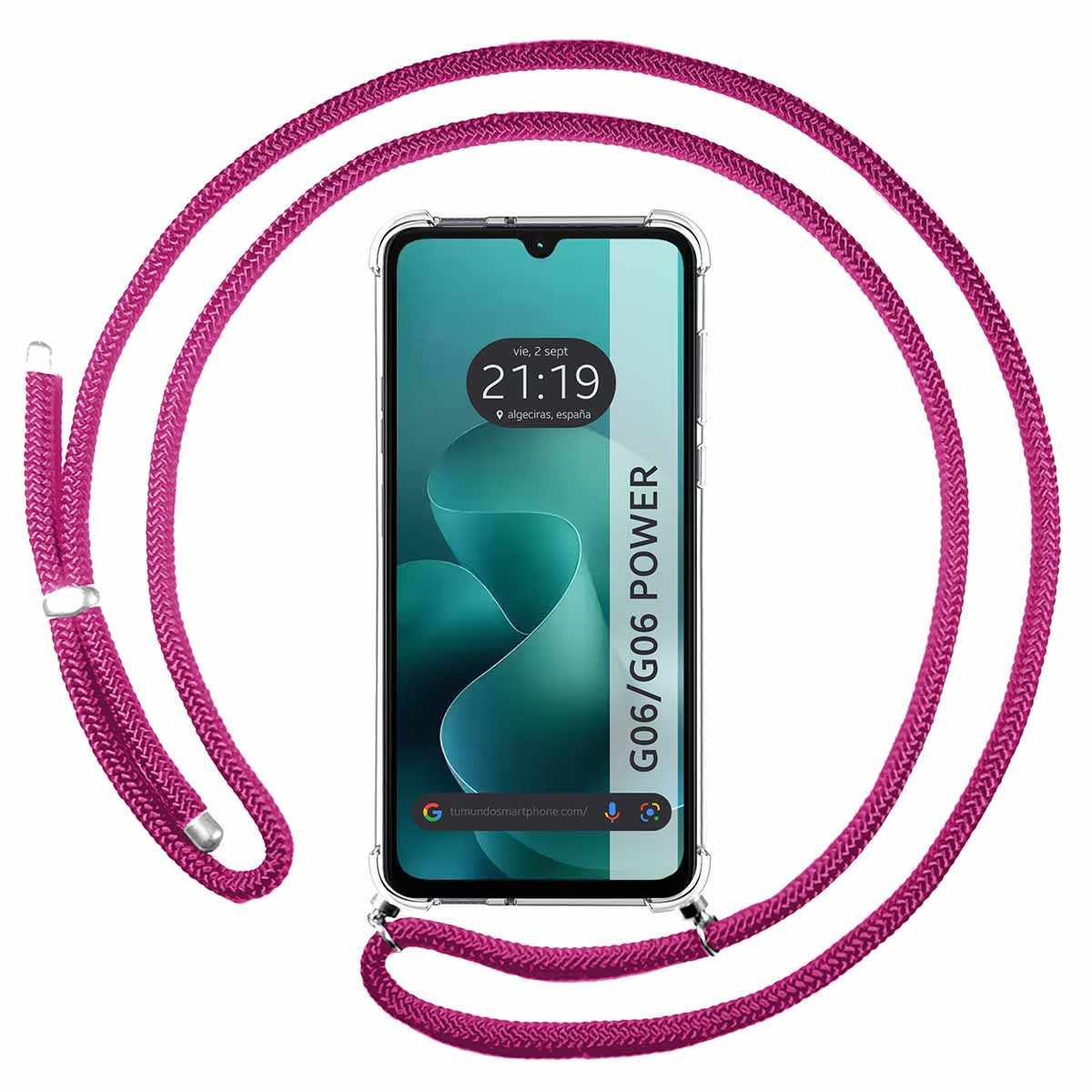 Uno smartphone con custodia trasparente e cordino magenta. Lo schermo mostra l'ora e la data. La custodia del telefono è attaccata al cordino.