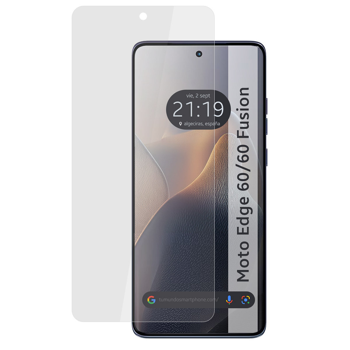 Un smartphone con protector de pantalla. La pantalla muestra la hora, fecha y ubicación. El teléfono es un Moto Edge 60/60 Fusion.