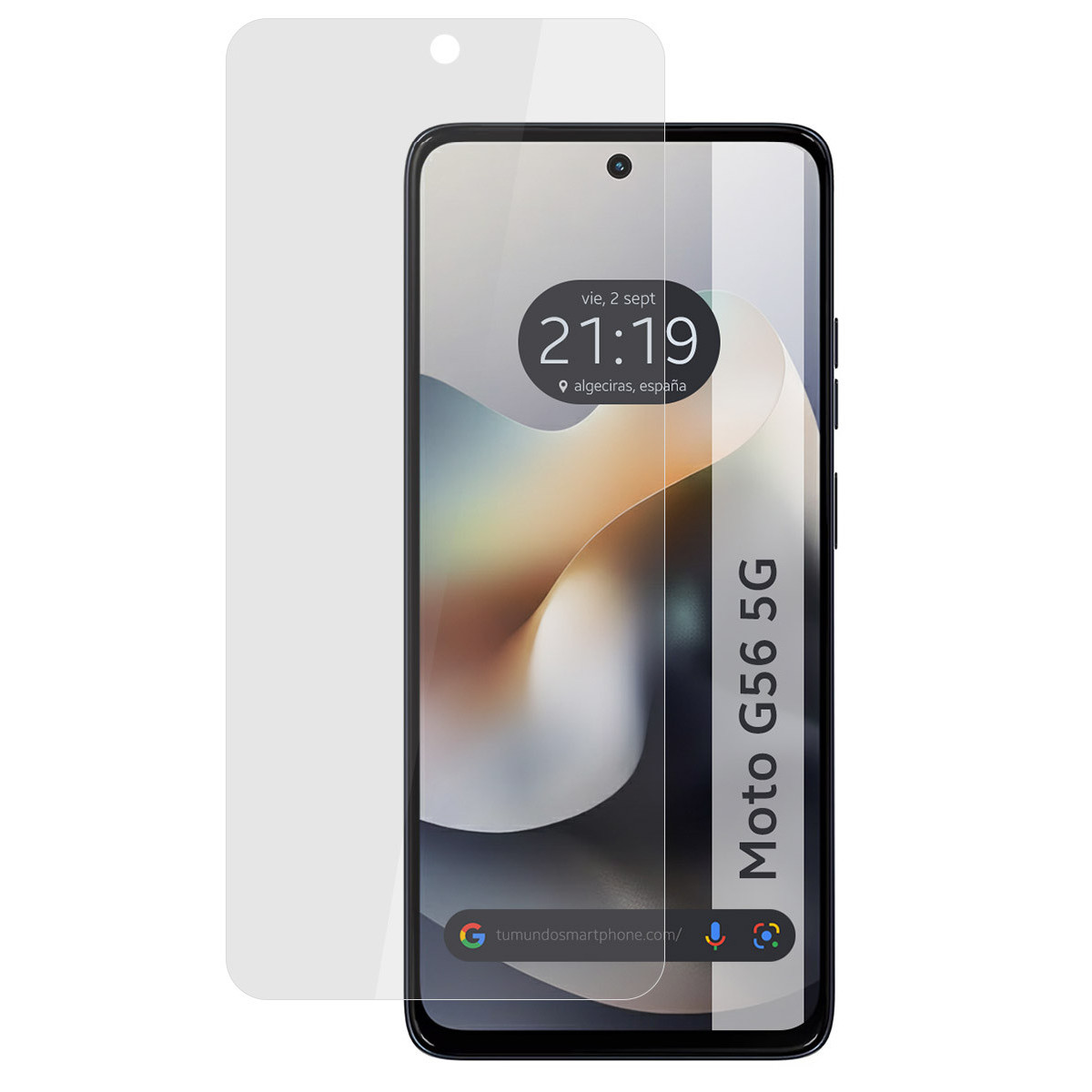 Uno smartphone con protezione schermo. Lo schermo mostra ora e posizione. Il telefono è etichettato Moto G56 5G.