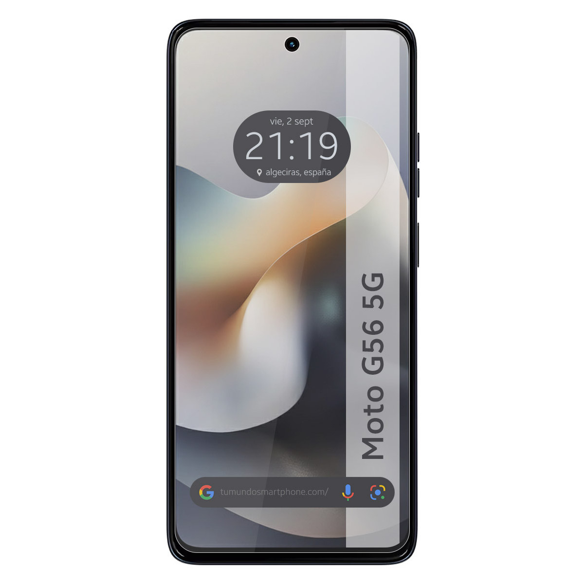 Uno smartphone mostra l'ora 21:19 e la data. Ha una cornice nera, lo schermo mostra un sito web e il modello è Moto G56 5G.