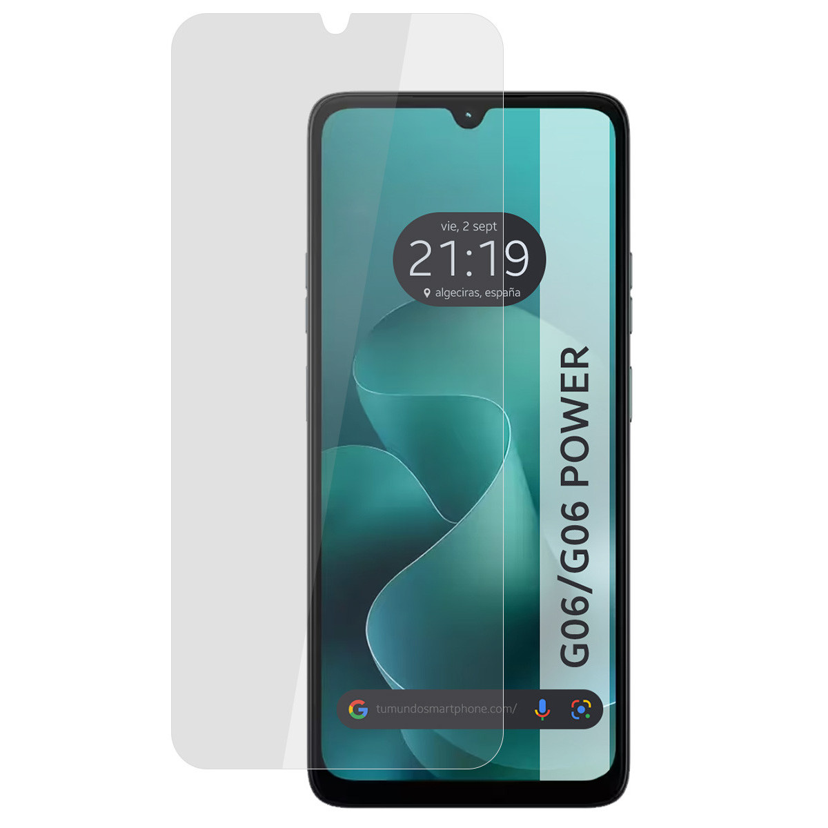 Uno smartphone con protezione schermo. Lo schermo mostra ora, data e posizione. Il telefono è etichettato G06/G06 POWER.