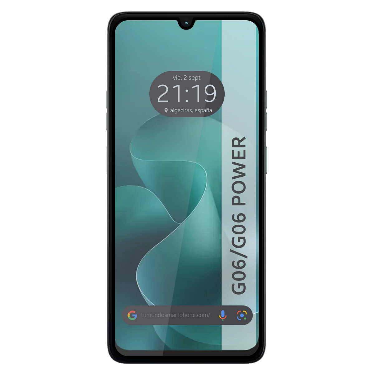 Una pantalla de teléfono inteligente muestra la hora, la fecha y la ubicación. Tiene un fondo blanco y verde azulado con las palabras G06/G06 POWER.