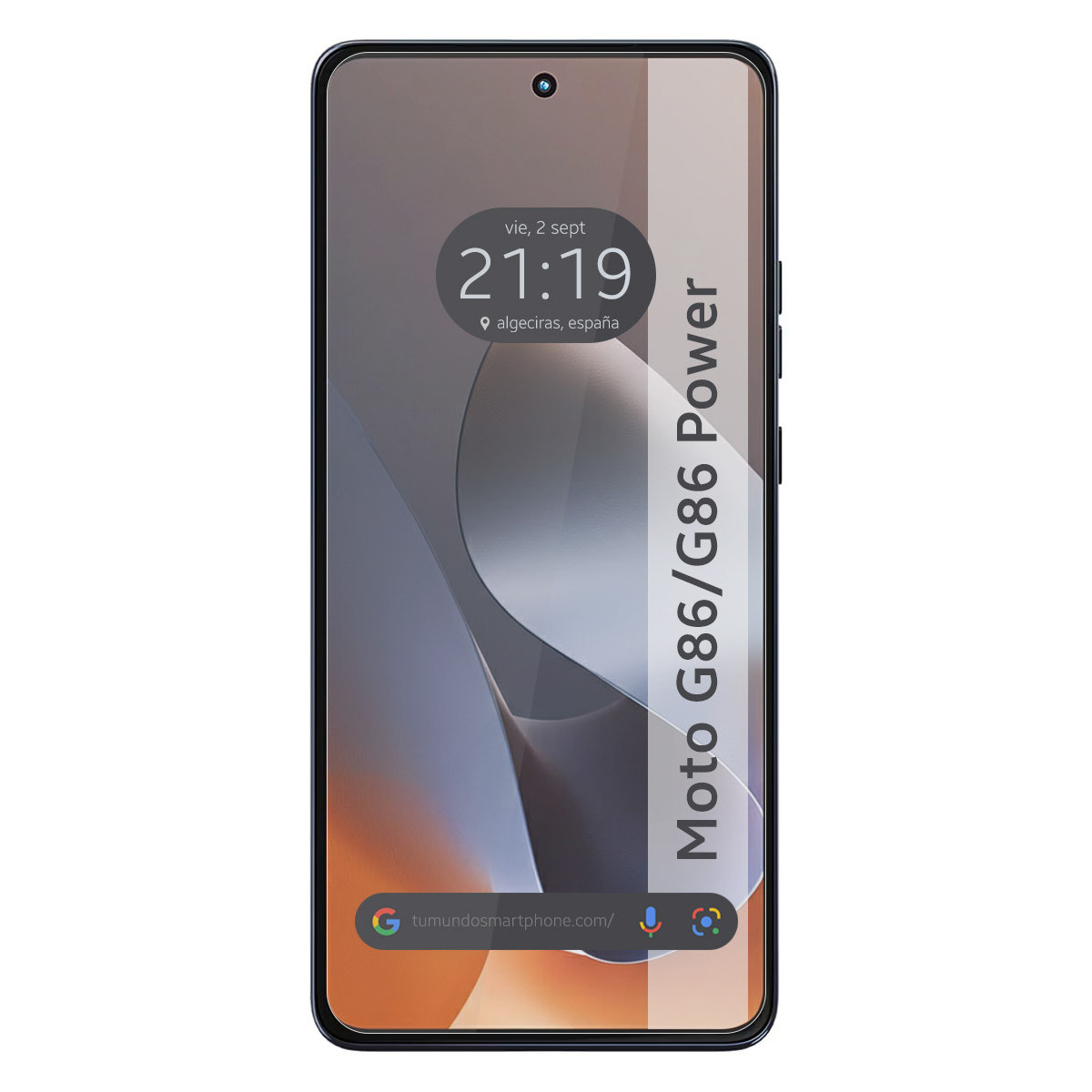Pantalla de smartphone mostrando hora, fecha y dirección web. El teléfono está etiquetado Moto G86/G86 Power.
