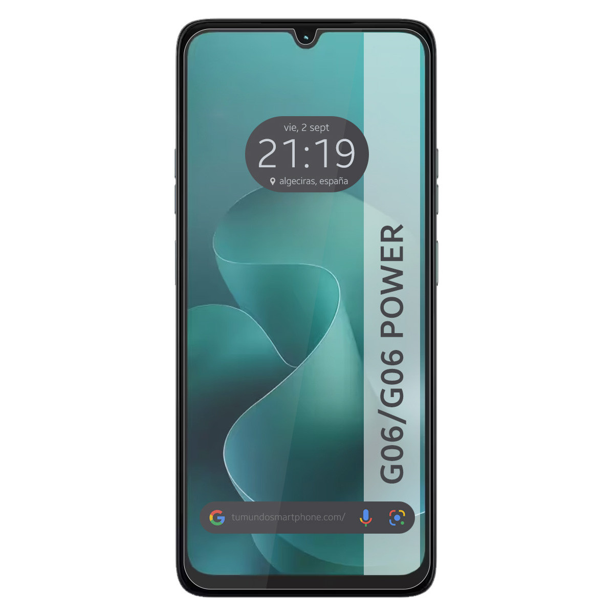 Una pantalla de teléfono muestra la hora y la fecha. El nombre del teléfono es G06 Power. El fondo tiene un remolino verde azulado.